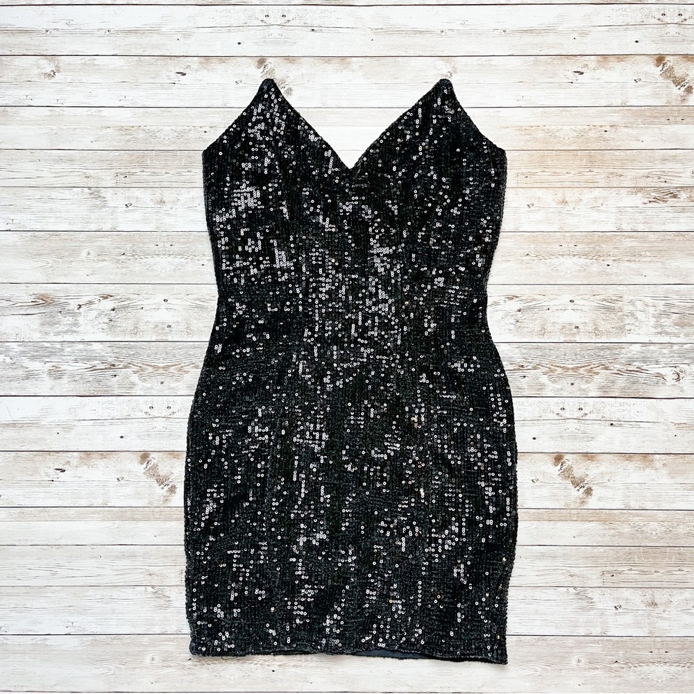 Michael Costello x Revolve Taylor Mini Dress in Black Sequin Size Small - Picture 2 of 7